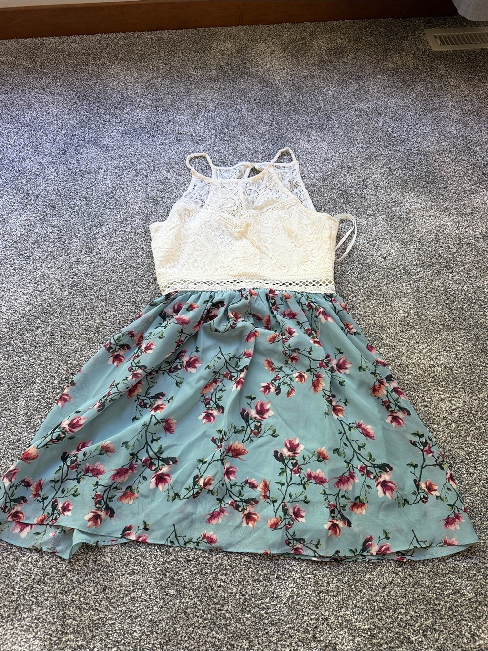 by & by White Lace Bodice Dress with Teal Floral Skirt